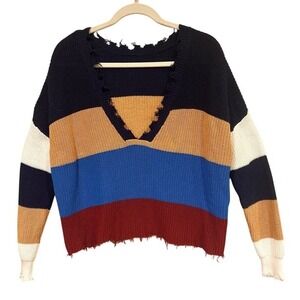Fate‎ Womens Sweater Distressed Colorblock Navy Mustard Blue Red S Grunge Indie